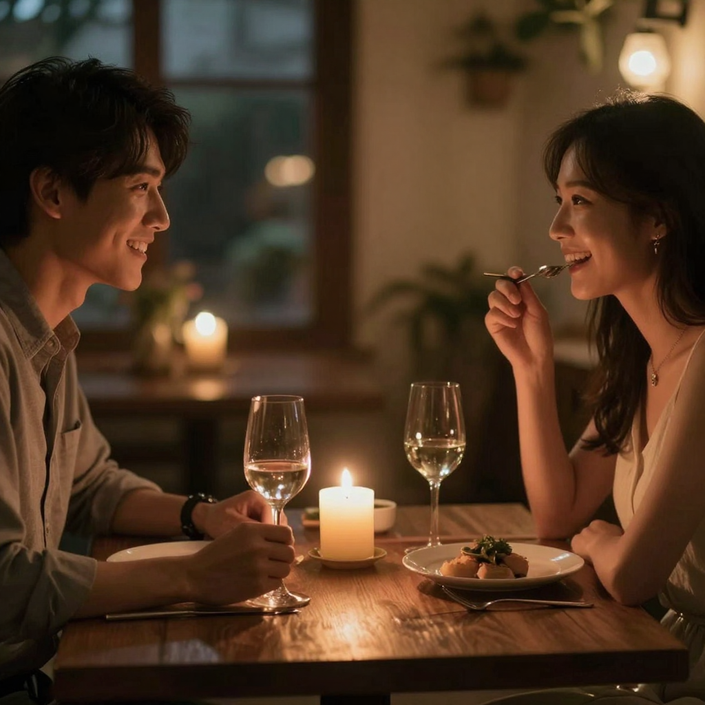 IMG: A couple enjoying a romantic dinner, candlelit, soft focus