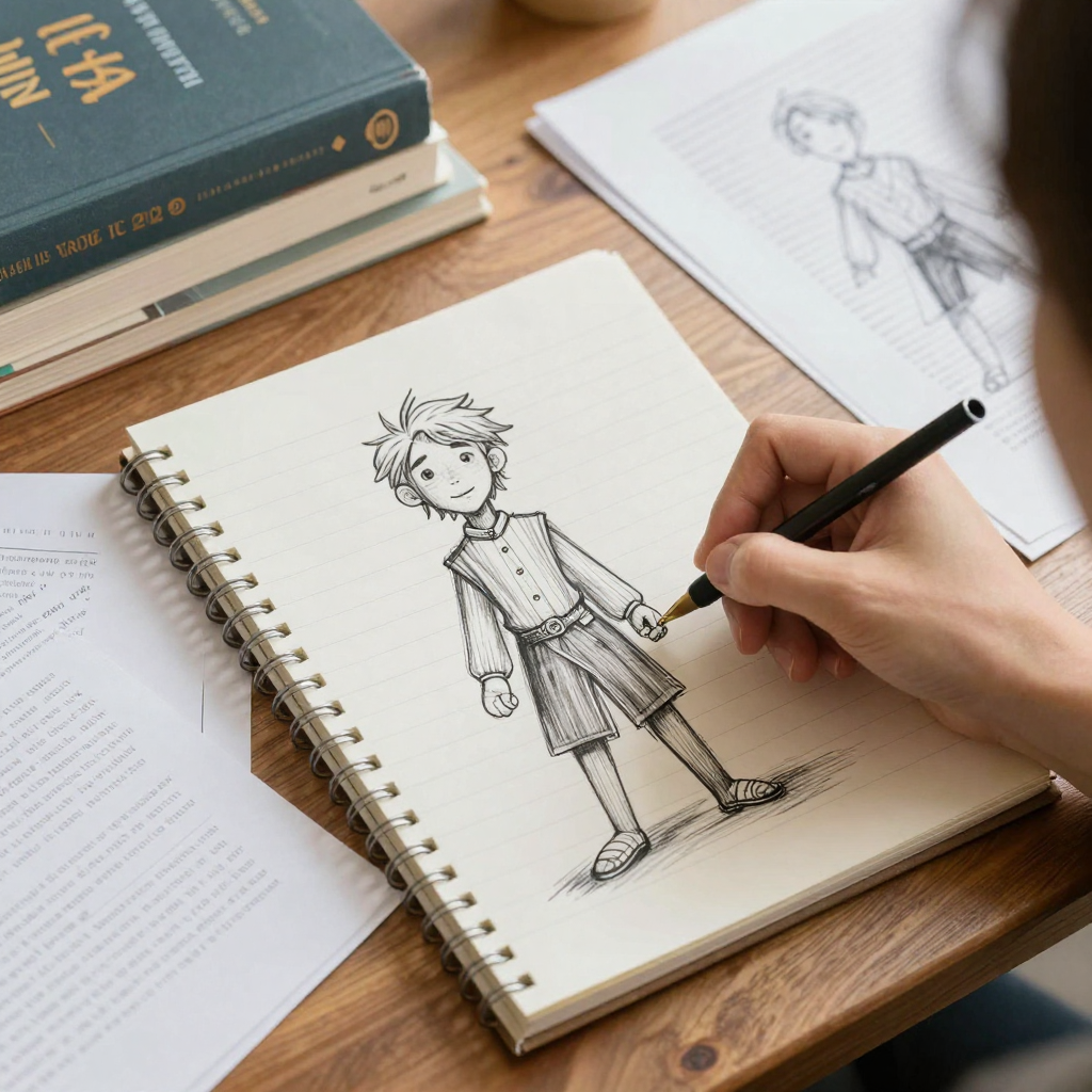 IMG: A person writing notes and sketches for an AI character, surrounded by books and research materials IMG: A person writing notes and sketches for an AI character, surrounded by books and research materials