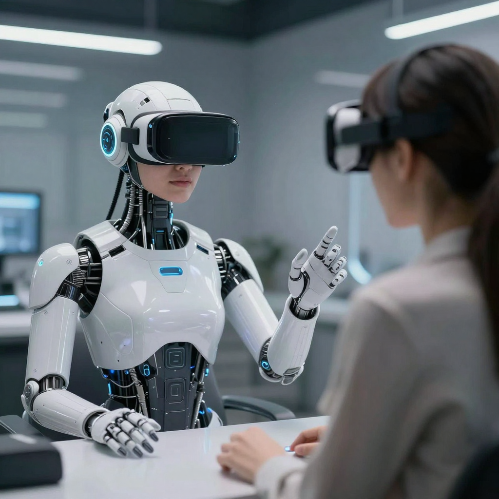 IMG: A futuristic AI companion interacting with a user in a virtual reality setting IMG: A futuristic AI companion interacting with a user in a virtual reality setting
