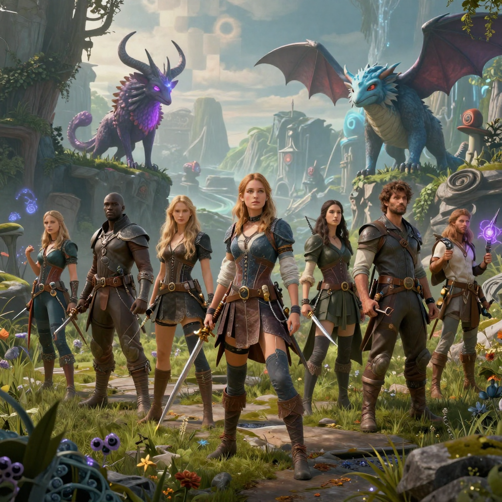 IMG: A group of adventurers in a fantasy realm, magical creatures and landscapes