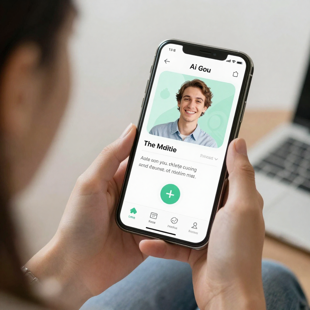IMG: A person using an AI companion app on a smartphone, looking happy and relaxed IMG: A person using an AI companion app on a smartphone, looking happy and relaxed