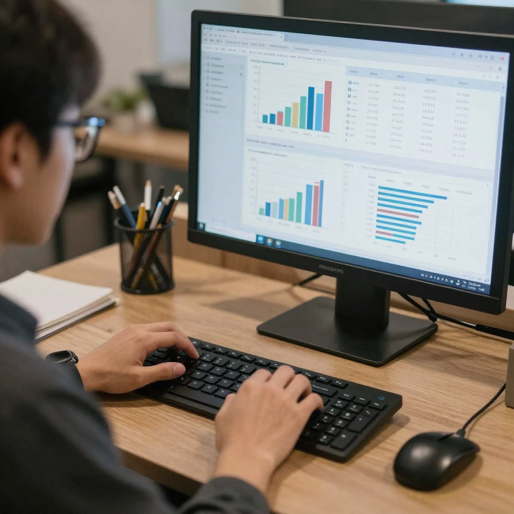 IMG: A person analyzing data on a computer, surrounded by charts and graphs IMG: A person analyzing data on a computer, surrounded by charts and graphs