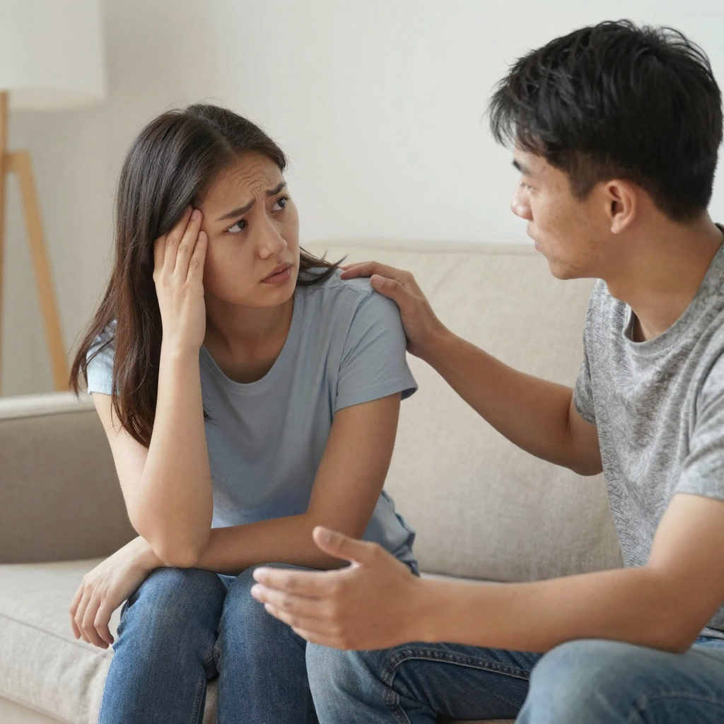 IMG: A couple discussing their relationship, with one person looking concerned and the other offering support