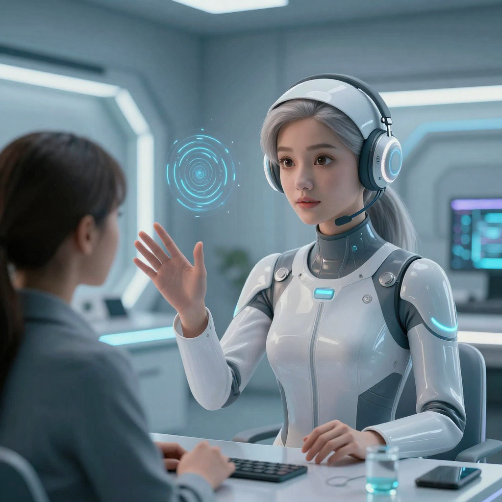 IMG: A futuristic AI character interacting with a user in a virtual environment, showcasing advanced features like emotional intelligence and adaptive learning