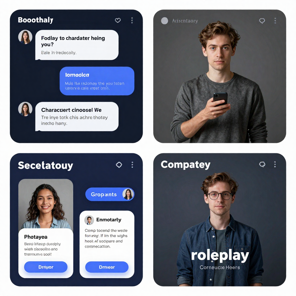 IMG: A comparison of different AI character tools, showing conversation, roleplay, and character creation interfaces