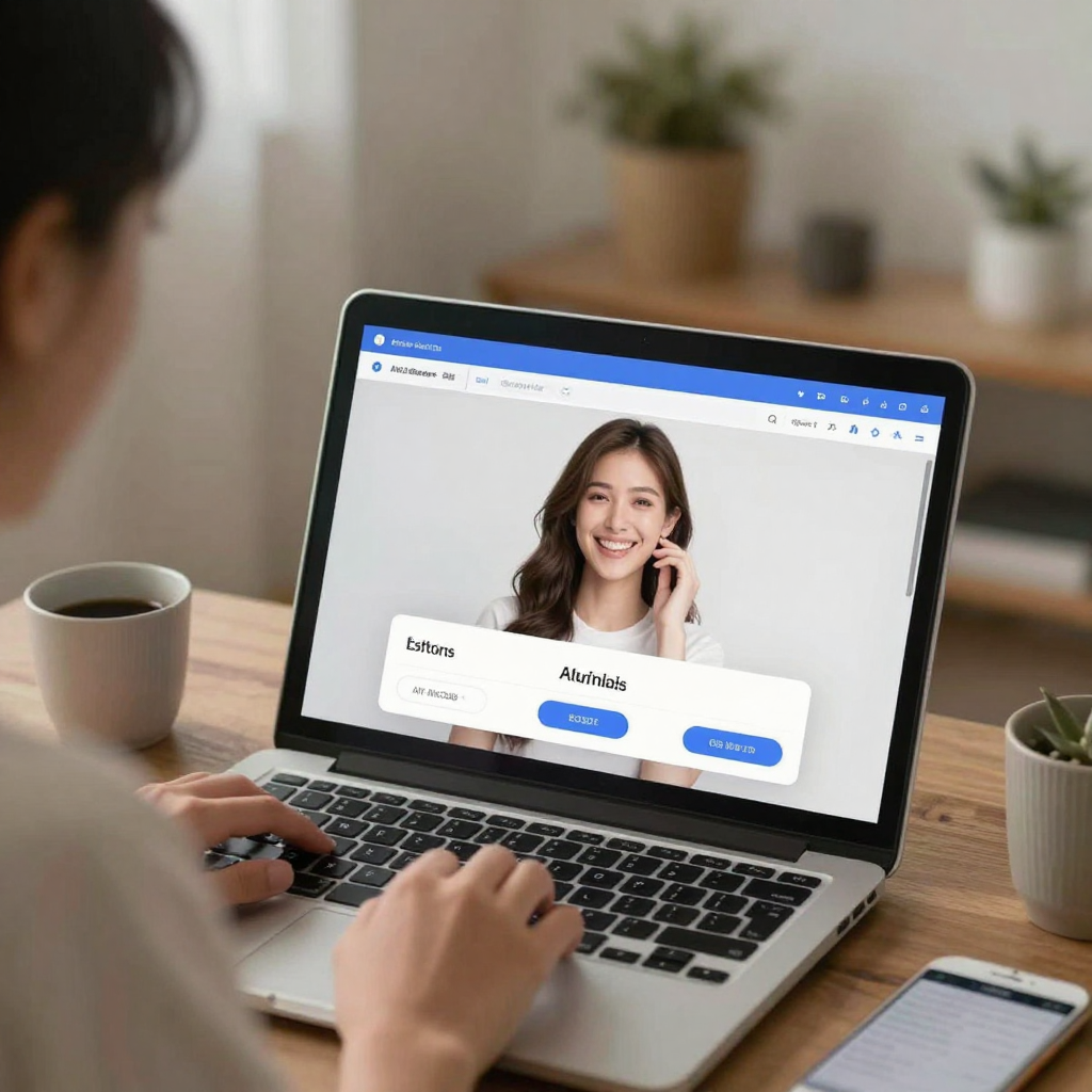 IMG: A person using a laptop with an AI girlfriend app, looking happy and content